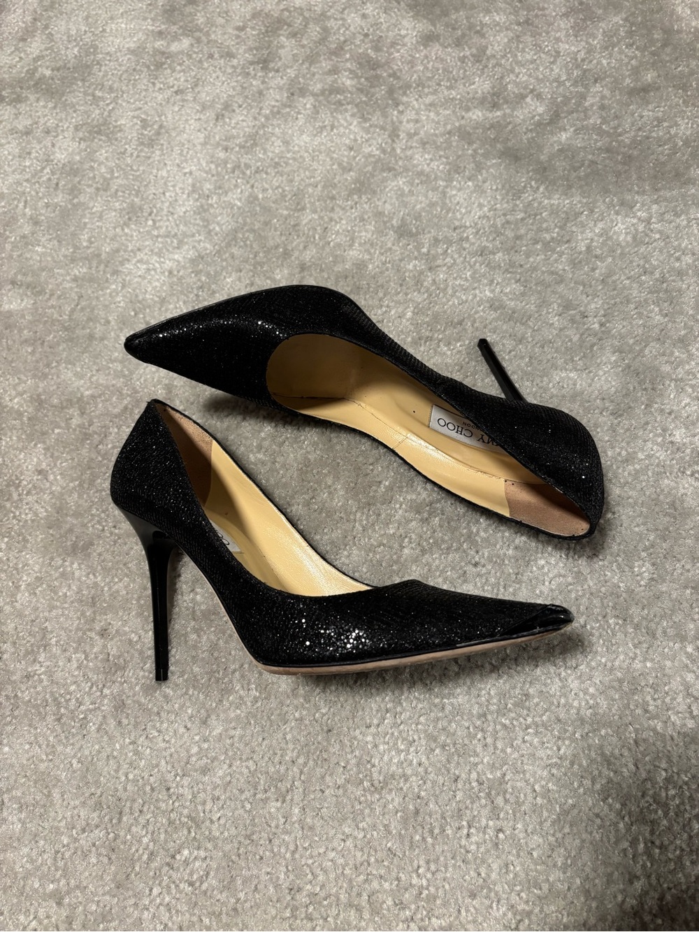 Jimmy Choo Abel Black Glitter Pointed Toe Stilettos